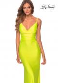 Picture of: Ruched Neon Prom Dress with Criss Cross Tie Back in Neon Yellow, Style: 29010, Detail Picture 2