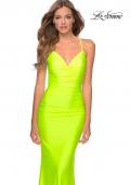 Picture of: Neon Prom Dress with Ruching and Strappy Back, Style: 29020 in Neon Yellow, Detail Picture 2