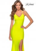 Picture of: Neon Jersey Dress with Ruching and Lace Up Back in Neon Yellow, Style: 28993, Detail Picture 3