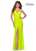 Picture of: Neon Ruched Prom Gown with Center Slit in Neon Yellow, Style: 28891, Detail Picture 5