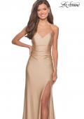 Picture of: Long Homecoming Dress with Slit and Criss Cross Back in Nude, Style: 28206, Detail Picture 1