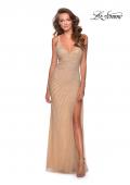 Picture of: Long Luxe Beaded Dress with Slit and Open Back in Nude, Style: 28646, Main Picture