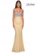 Picture of: Neon Ruched Jersey Dress with Rhinestone Mesh Draped Top in Nude, Style: 32320, Detail Picture 11