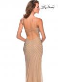 Picture of: Long Luxe Beaded Dress with Slit and Open Back in Nude, Style: 28646, Back Picture