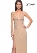 Picture of: Ruched Rhinestone Net Jersey Dress with Lace Up Open Back in Nude, Style: 32318, Detail Picture 1