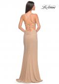 Picture of: Ruched Rhinestone Net Jersey Dress with Lace Up Open Back in Nude, Style: 32318, Detail Picture 2