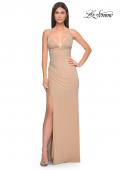 Picture of: Ruched Rhinestone Net Jersey Dress with Lace Up Open Back in Nude, Style: 32318, Detail Picture 6