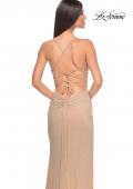 Picture of: Ruched Rhinestone Net Jersey Dress with Lace Up Open Back in Nude, Style: 32318, Detail Picture 7