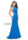Picture of: Satin Mermaid Prom Gown with Mesh and Scoop Back in Ocean Blue, Style: 26076, Main Picture