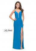 Picture of: Form Fitting Jersey Prom Dress with Side Leg Slit in Ocean Blue, Style: 25725, Detail Picture 3