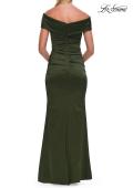 Picture of: Off-the-Shoulder Ruched Satin Evening Gown in Olive, Style: 33620, Back Picture