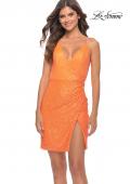 Picture of: Wrap Style Ruched Short Dress with High Slit in Bright Colors in Orange, Style: 30984, Detail Picture 2