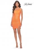 Picture of: Fitted One Shoulder Mini Dress with Slit in Bright Colors in Orange, Style: 30934, Detail Picture 7