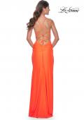 Picture of: Ruched Jersey Dress with Draped Neckline and High Slit in Orange, Style: 32152, Detail Picture 17