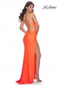 Picture of: Ruched Jersey Dress with Draped Neckline and High Slit in Orange, Style: 32152, Detail Picture 18
