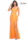 Picture of: Lace Prom Gown With Sheer Bodice and Tie Up Back in Orange, Style: 30671, Detail Picture 1