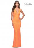 Picture of: Sequin Stretch Long Prom Dress with Banded Waist in Neon in Orange, Style: 31137, Detail Picture 1