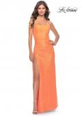 Picture of: Ruched Sequin Prom Dress with High Side Slit in Orange, Style: 31405, Detail Picture 2
