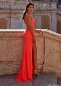 Picture of: Ruched Jersey Dress with Draped Neckline and High Slit in Orange, Style: 32152, Detail Picture 3