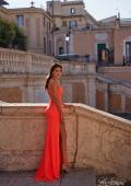 Picture of: Ruched Jersey Dress with Draped Neckline and High Slit in Orange, Style: 32152, Detail Picture 4