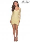 Picture of: Long Sleeve Lace Short Dress with Sheer Back Detail in Pale Yellow, Style: 28232, Detail Picture 10