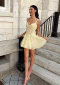 Picture of: Lace Applique Tulle Fit-and-Flare Mini Dress in Pale Yellow, Style 34146, Detail Picture 1