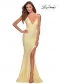 Picture of: Long Stretch Lace Prom Dress with Plunging Neckline in Pale Yellow, Style: 28640, Main Picture