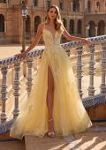 Picture of: Floral Beaded Tulle Gown with Slit and Lace-Up Back in Pale Yellow, Style: 33716, Main Picture