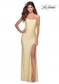 Picture of: Long Tie Up Back Jersey Prom Dress with Slit in Pale Yellow, Style: 28296, Detail Picture 8