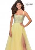 Picture of: Long Tulle Ball Gown with Beaded Bodice and Slit in Pale Yellow, Style: 28530, Detail Picture 8