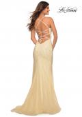 Picture of: Long Jeweled Pastel Prom Gown with Lace Up Back in Pale Yellow, Detail Picture 8