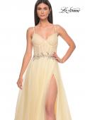 Picture of: A-Line Prom Gown with Ruched Bodice and Rhinestone Belt Detail in Pale Yellow, Style: 32117, Detail Picture 8