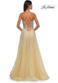 Picture of: Prom Gown with Rhinestone Tulle and Illusion Corset Bodice in Pale Yellow, Style: 32725, Detail Picture 8