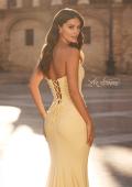 Picture of: Strapless Jersey Mermaid Gown with Ruched Bodice and Lace-Up Back in Pale Yellow, Style: 33864, Detail Picture 8