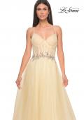 Picture of: A-Line Prom Gown with Ruched Bodice and Rhinestone Belt Detail in Pale Yellow, Style: 32117, Detail Picture 9