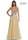 Picture of: Prom Gown with Rhinestone Tulle and Illusion Corset Bodice in Pale Yellow, Style: 32725, Detail Picture 9