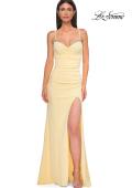 Picture of: Ruched Long Jersey Dress with Draped Rhinestone Neckline in Pale Yellow, Style 32802, Detail Picture 9
