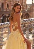 Picture of: Floral Beaded Tulle Gown with Slit and Lace-Up Back in Pale Yellow, Style: 33716, Detail Picture 9
