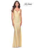 Picture of: Rhinestone Ruched Jersey Prom Dress with Lace Up Back in Pale Yellow, Style: 31201, Detail Picture 10
