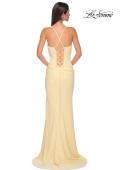 Picture of: Ruched Long Jersey Dress with Draped Rhinestone Neckline in Pale Yellow, Style 32802, Detail Picture 10