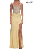 Picture of: Rhinestone Corset Gown with Slit and Ruching in Pale Yellow, Style: 33357, Detail Picture 10