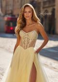 Picture of: Strapless Corset Gown with Tulle Skirt and High Slit in Pale Yellow, Style: 33491, Detail Picture 10