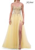 Picture of: Beaded Tulle A-Line Gown with Sheer Corset Bodice in Pale Yellow, Style: 33702, Detail Picture 10