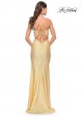Picture of: Rhinestone Ruched Jersey Prom Dress with Lace Up Back in Pale Yellow, Style: 31201, Detail Picture 11