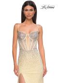 Picture of: Rhinestone Embellished Fitted Prom Dress with Corset and Deep V in Pale Yellow, Style 32717, Detail Picture 11
