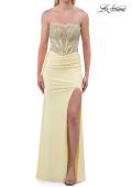 Picture of: Strapless Rhinestone Corset Gown with High Slit and Ruched Back in Pale Yellow, Style: 33509, Detail Picture 11