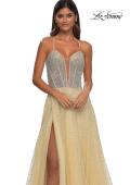 Picture of: Prom Gown with Rhinestone Tulle and Illusion Corset Bodice in Pale Yellow, Style: 32725, Detail Picture 12