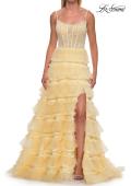 Picture of: Tiered Ruffle Gown with Beaded Bodice and High Slit in Pale Yellow, Style: 33493, Detail Picture 13