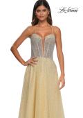 Picture of: Prom Gown with Rhinestone Tulle and Illusion Corset Bodice in Pale Yellow, Style: 32725, Detail Picture 14