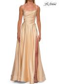Picture of: A-Line Satin Gown with Draped Bodice, Slit, and Lace-Up Back in Pale Yellow, Style: 33373, Detail Picture 14